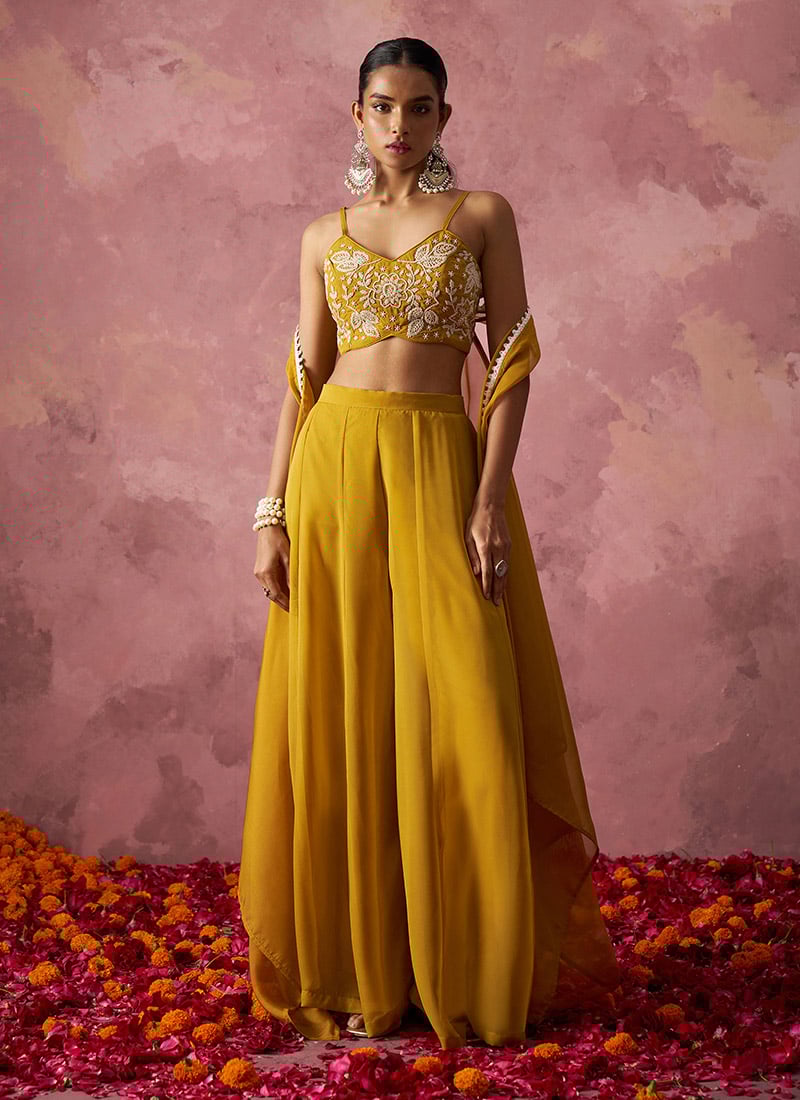 Mustard Georgette Beads Sequins Work Indowestern Jacket With Palazzo Set Wedding Wear