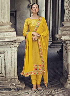 Mustard Georgette Churidar Suit