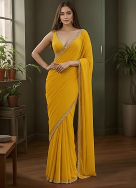 Mustard Georgette Cutdana Beads With Stone Hand Embroidered Saree