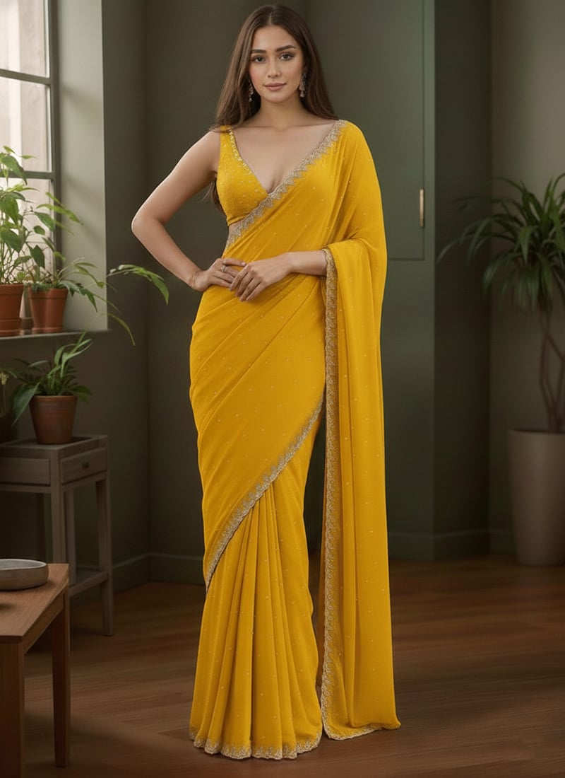 Mustard Georgette Cutdana Beads With Stone Hand Embroidered Saree