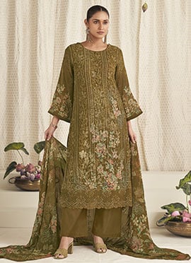 Mustard Georgette Digital Print Straight Pant Suit