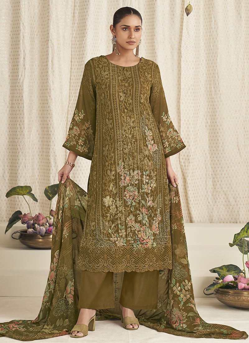 Mustard Georgette Digital Print Straight Pant Suit After Six Wear