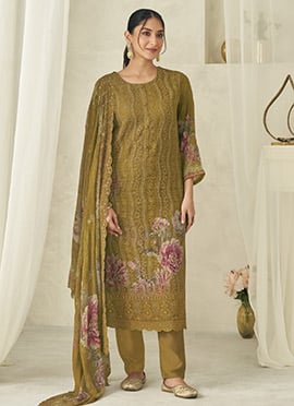 Mustard Georgette Digital Printed With Lucknowi Embroidered Straight Pant Suit