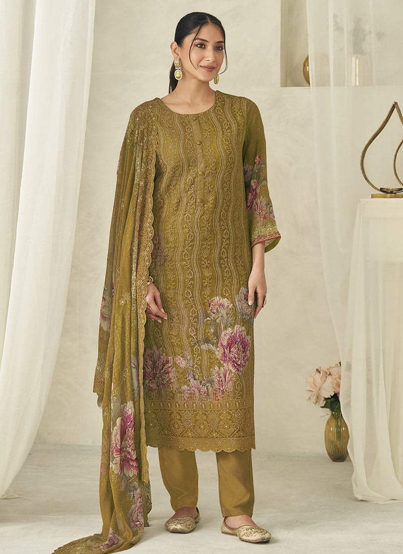Mustard Georgette Digital Printed With Lucknowi Embroidered Straight Pant Suit Festive Wear