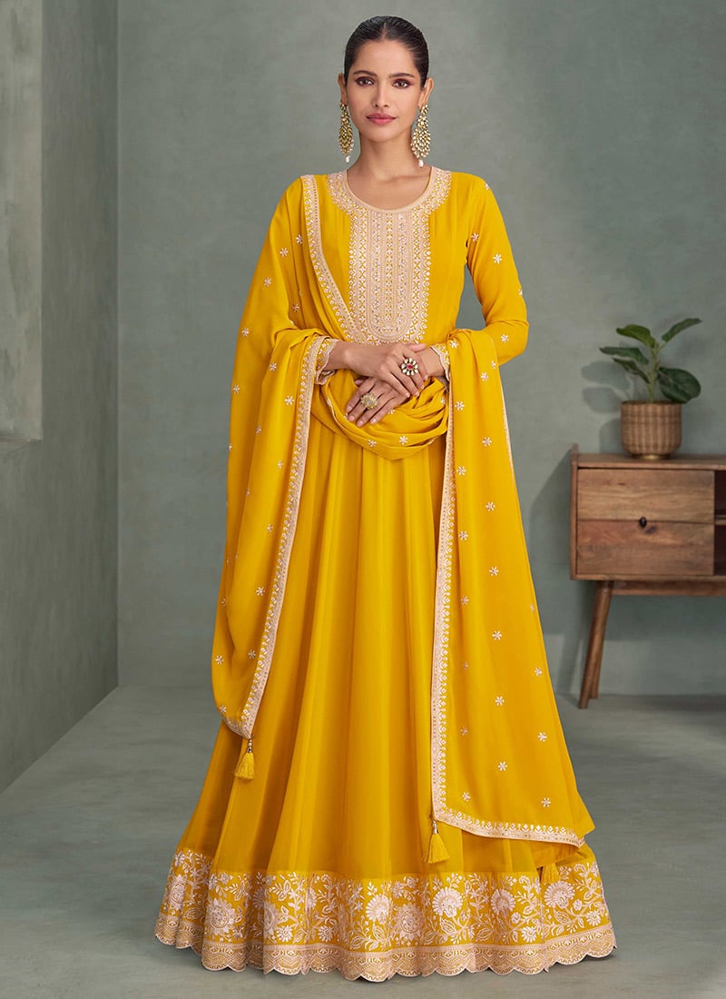 Mustard Georgette Embroidered Sequins A Line Anarkali Suit