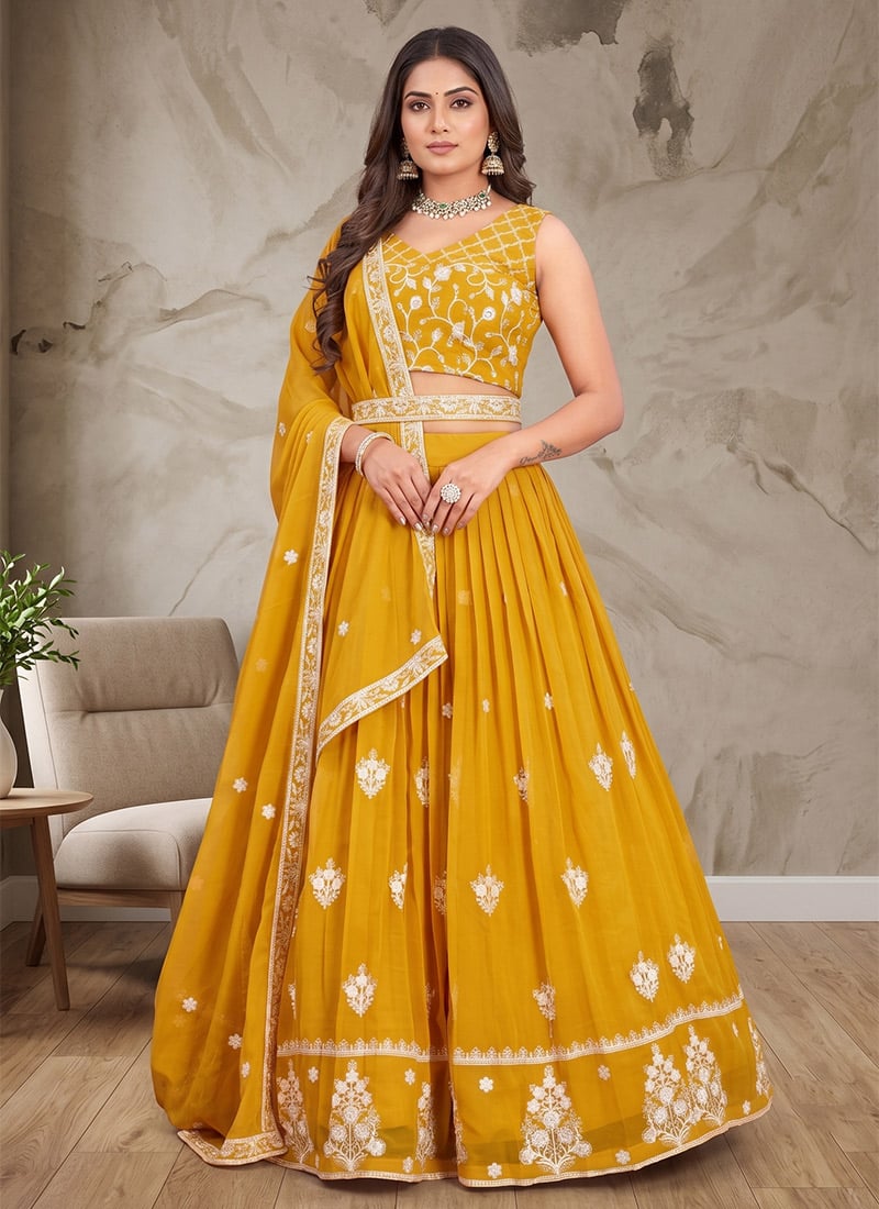 Mustard Georgette Embroidered Sequins Lehenga Wedding Wear