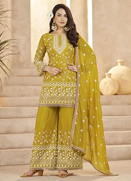 Mustard Georgette Embroidered Sequins Palazzo Suit
