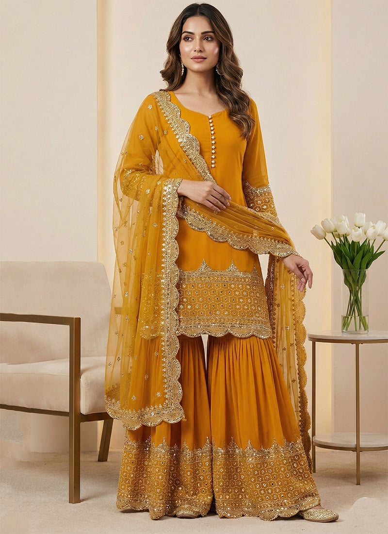 Mustard Georgette Embroidered Sequins Sharara Suit Festive Wear