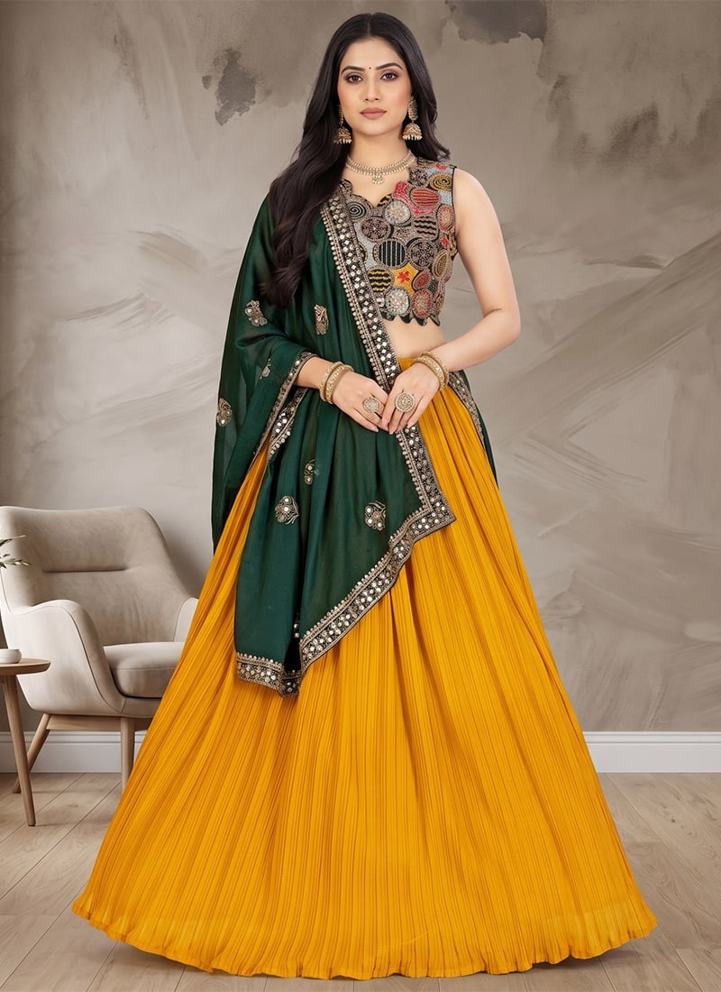 Mustard Georgette Embroidered Sequins Umbrella Lehenga After Six Wear