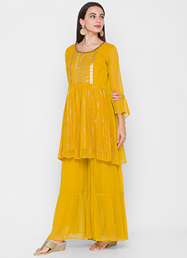 Made-to-Measure Embellished Georgette Kurta Sharara Set with Resham Zari Embroidery