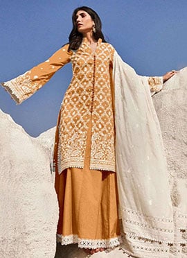 Mustard Georgette Embroidery Straight Pant Suit