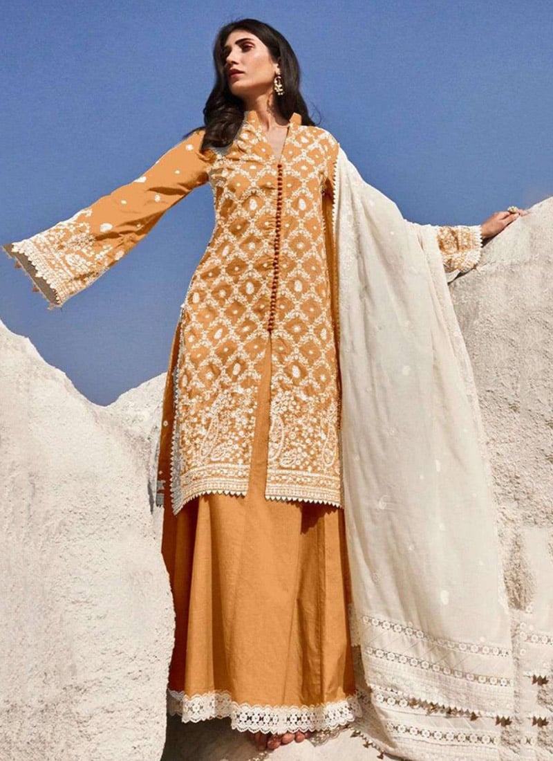 Mustard Georgette Embroidery Straight Pant Suit Party Wear