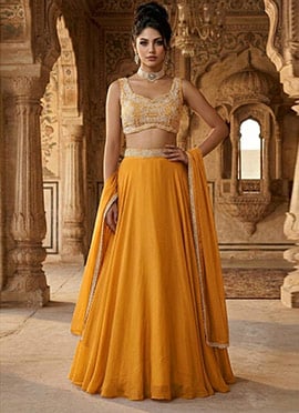 Mustard Georgette Hand Embroidered Beads Poth Lehenga