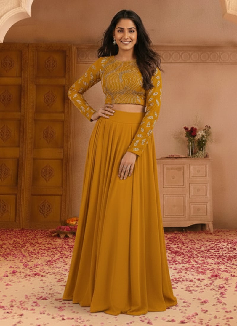 Mustard Georgette Hand Embroidered Lehenga