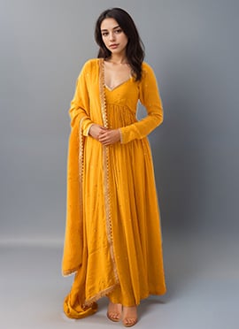 Mustard Georgette Ready Lace Sequins Embroidered Anarkali Suit