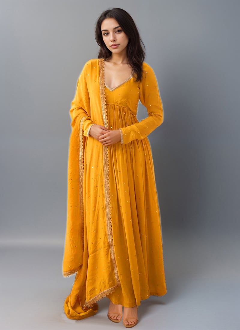 Mustard Georgette Ready Lace Sequins Embroidered Anarkali Suit