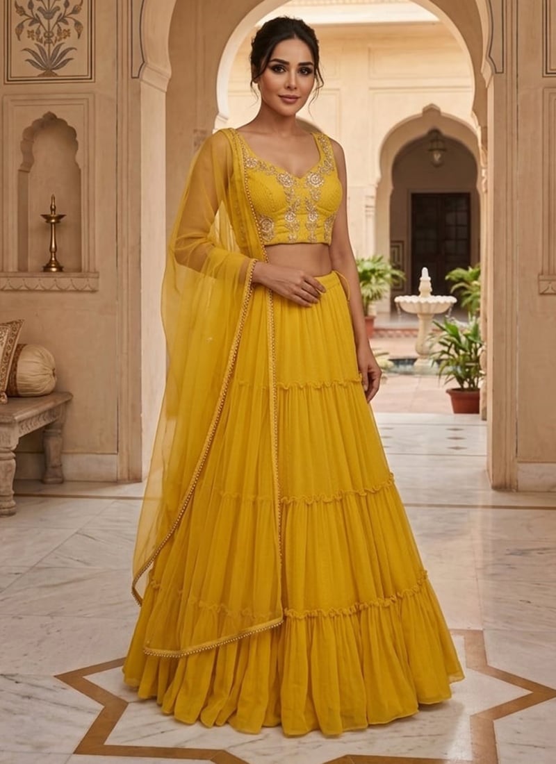 Mustard Georgette Hand Embroidered Sequins Lehenga Wedding Wear