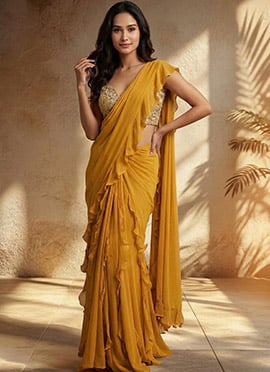 Mustard Georgette Hand Embroidered Sequins With Beads And Stone Work Pre Draped Saree