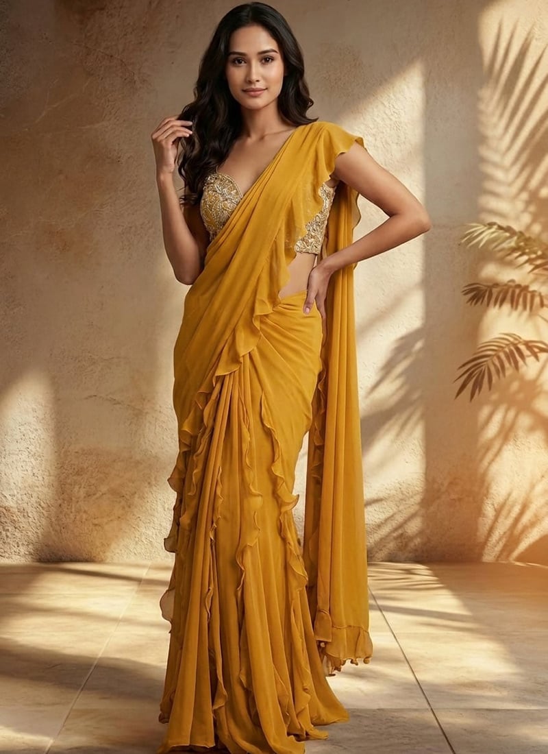 Mustard Georgette Hand Embroidered Sequins With Beads And Stone Work Pre Draped Saree Wedding Wear