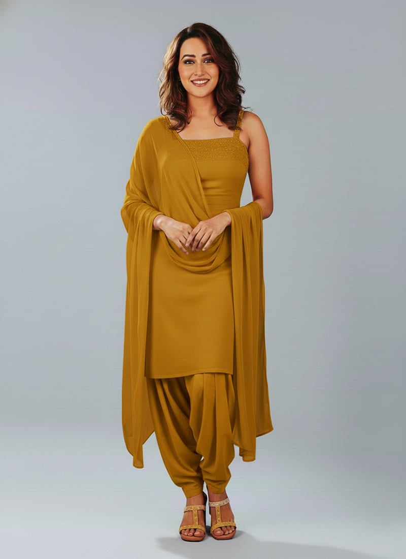 Mustard Georgette Hand Embroidery Dhoti Suit Festive Wear