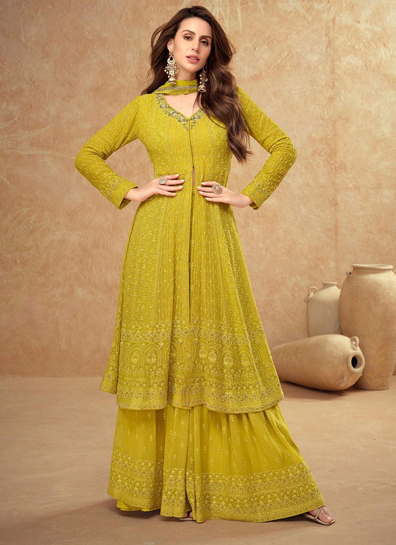 Mustard Georgette Hand Work Embroidered And Sequins Palazzo Suit Wedding Wear