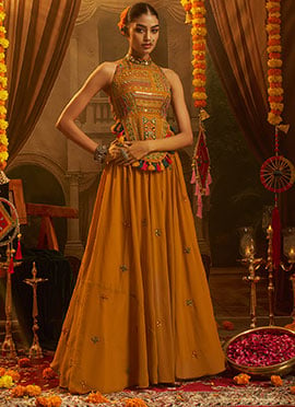 Mustard Georgette Mirror Work Navratri Indo Western Palazzo Set