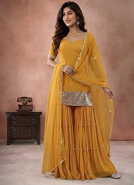 Mustard Georgette Mirror Work With Zari Embroidered Palazzo Suit