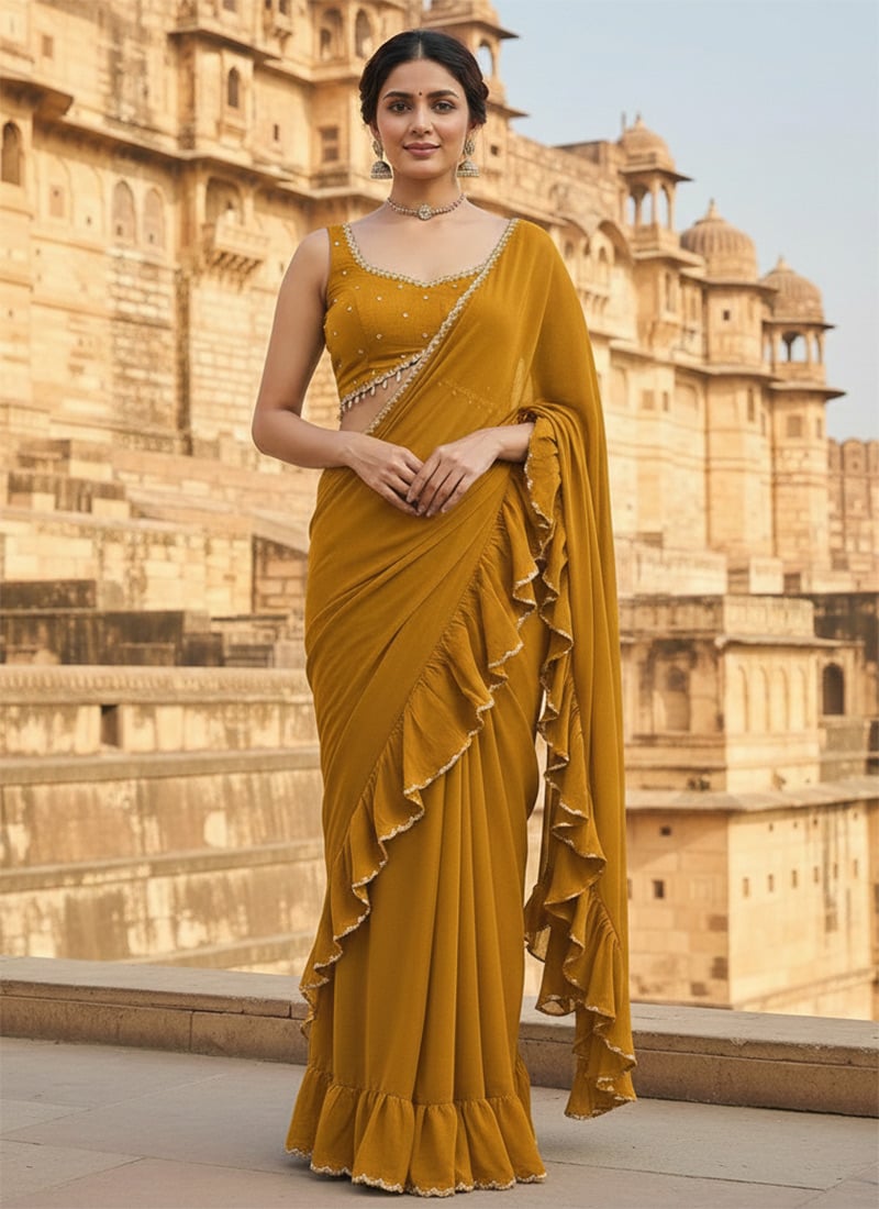 Mustard Georgette Pre Draped Ruffle Saree Wedding Wear