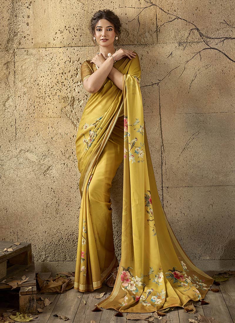 Mustard Georgette Printed Saree Leisure Wear