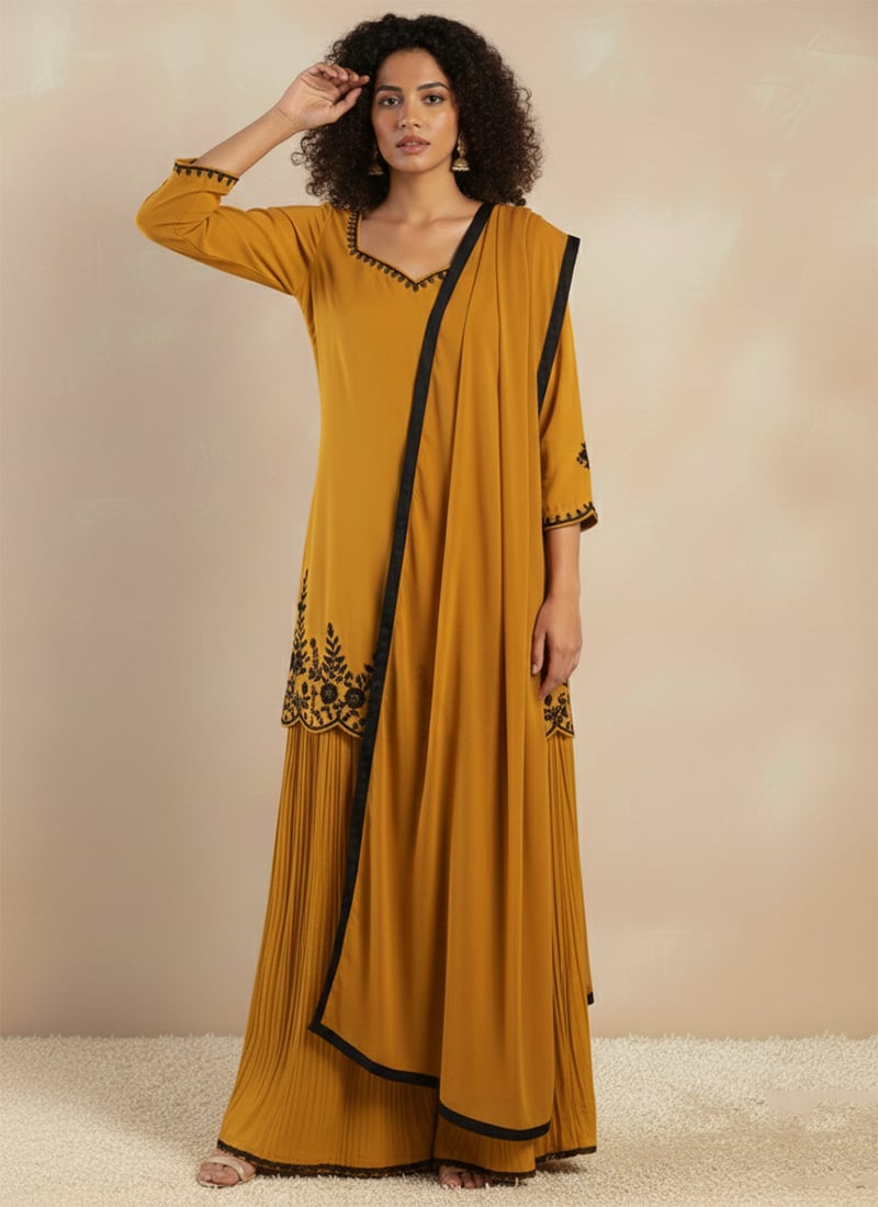Mustard Georgette Resham Palazzo Suit Festive Wear