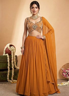 Mustard Georgette Sequins Cutdana Stone Hand Embroidery Lehenga