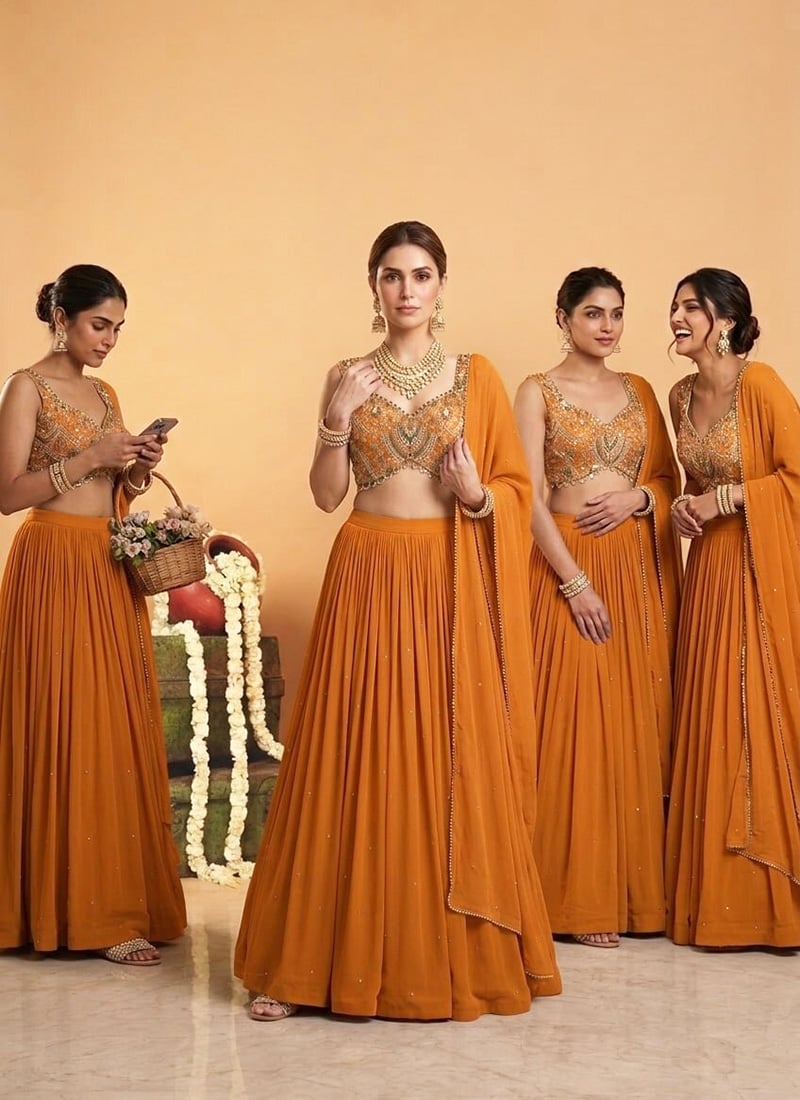 Mustard Georgette Sequins Cutdana Stone Hand Embroidery Lehenga Wedding Wear