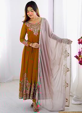 Mustard Georgette Sequins Embroidered Anarkali Suit