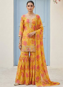Mustard Georgette Sequins Printed Sharara Suit