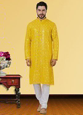 Mustard Georgette Tikki work Kurta Pyjama