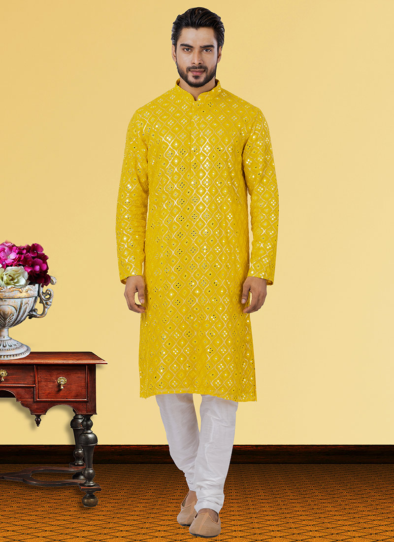 Mustard Georgette Tikki work Kurta Pyjama  Party Wear