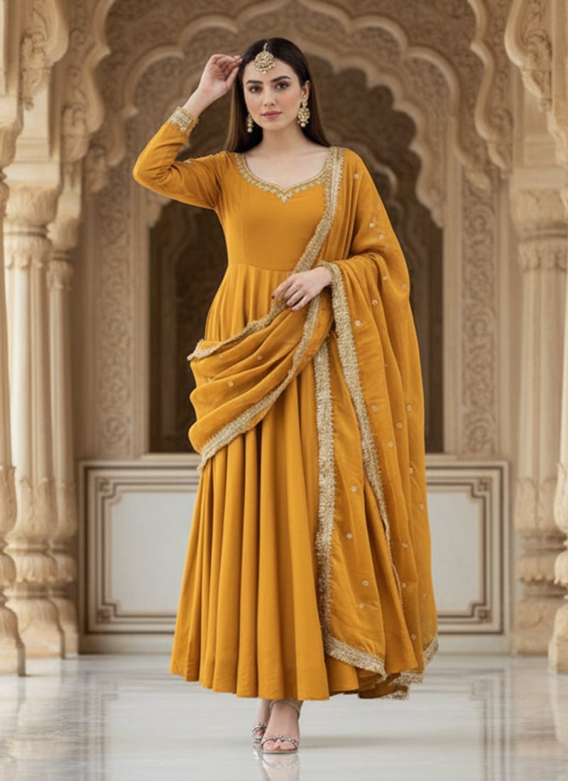 Mustard Georgette Zari And Sequins Hand Embroidered Anarkali Suit Festive Wear