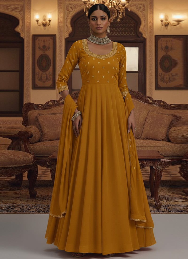 Mustard Georgette Zari And Sequins Hand Embroidered Anarkali Suit Festive Wear