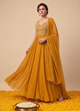 Mustard Georgette Zari Cutdana Embroidered Anarkali Suit