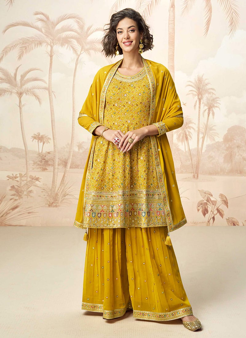 Mustard Georgette Zari Embroidered Sequins A Line Palazzo Suit  Festive Wear