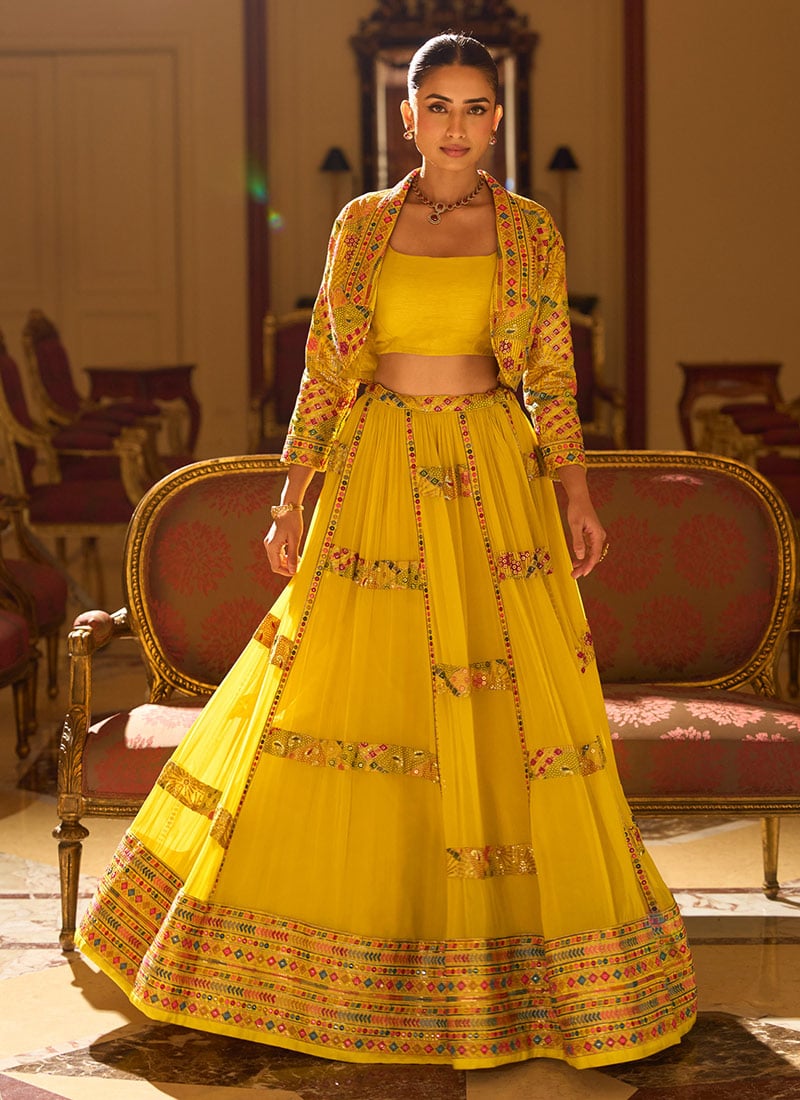 Mustard Georgette Zari Embroidered Sequins Indowestern Jacket Skirt Set Wedding Wear