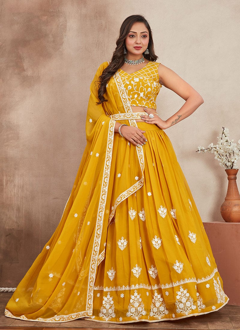 Mustard Georgette Zari Embroidered Sequins Lehenga Festive Wear