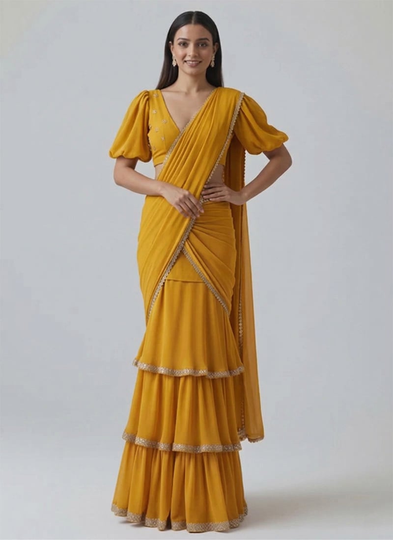 Mustard Georgette Zari Embroidered Sequins Lehenga Saree Festive Wear