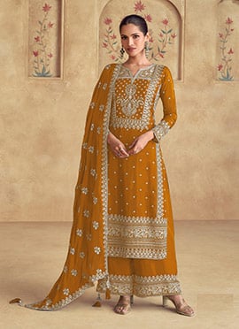 Mustard Georgette Zari Embroidered Sequins Palazzo Suit