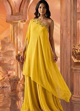 Mustard Georgette Zari Embroidered Sequins With Stone Work Indo Western Set