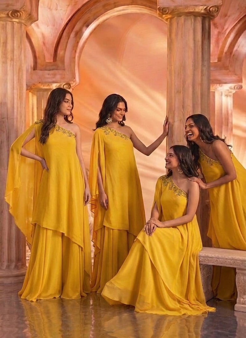 Mustard Georgette Zari Embroidered Sequins With Stone Work Indo Western Set After Six Wear