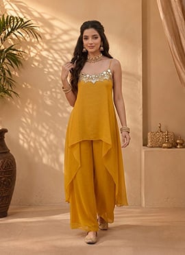 Mustard Georgette Zari Foil Mirror Embroidery Kurta Palazzo Set