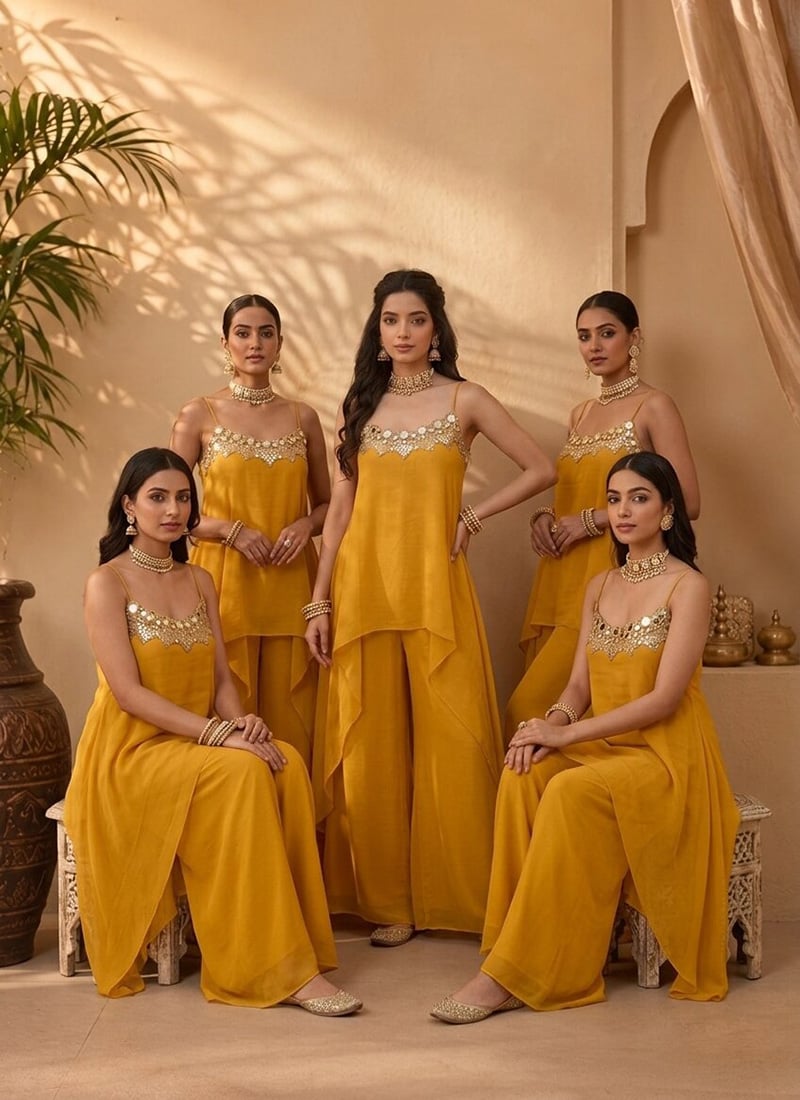 Mustard Georgette Zari Foil Mirror Embroidery Kurta Palazzo Set After Six Wear