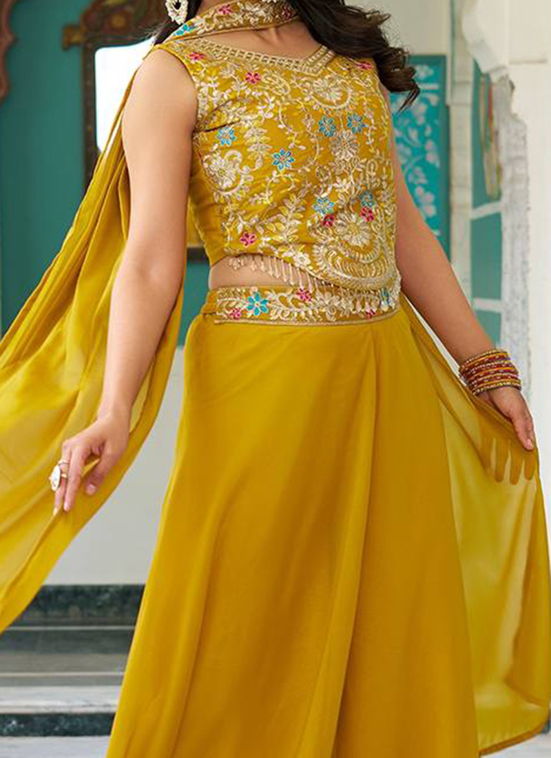Zari Embroidery Indo-Western Set with Sequinned Shrug, Scalloping & Pleated Dhoti Skirt