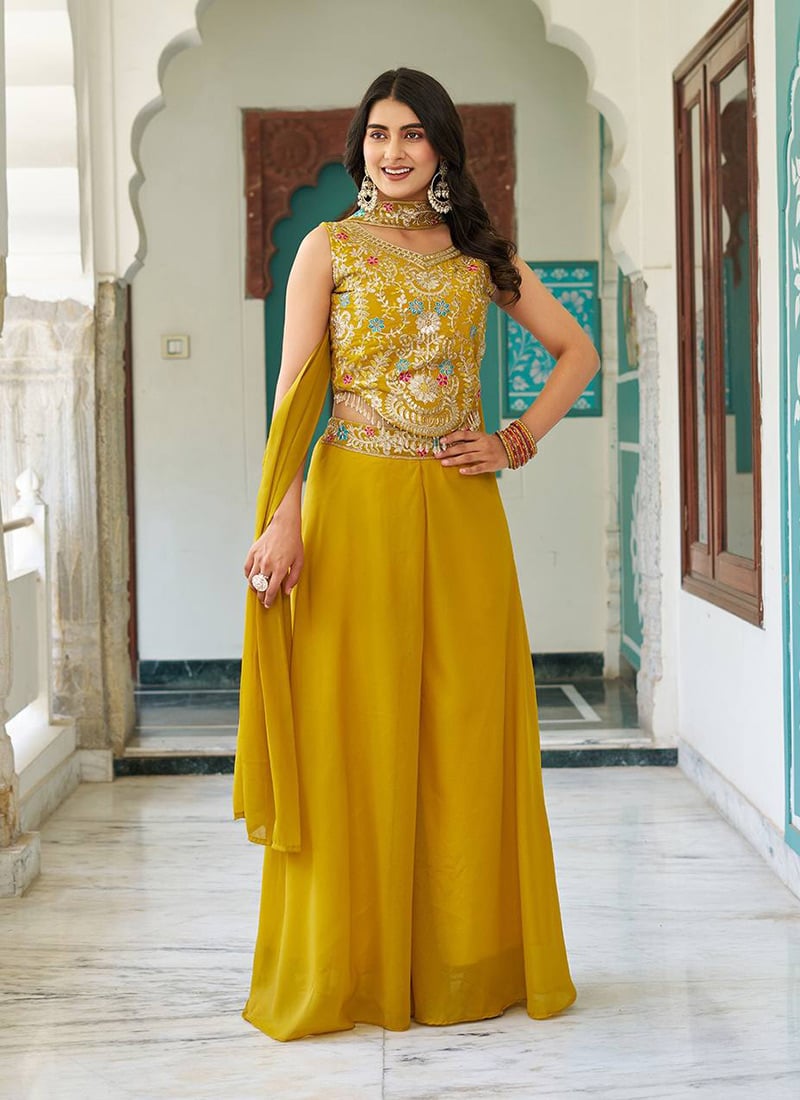 Mustard Georgette Zari Sequin Embroidered Thread Indowestern Suit Set Festive Wear